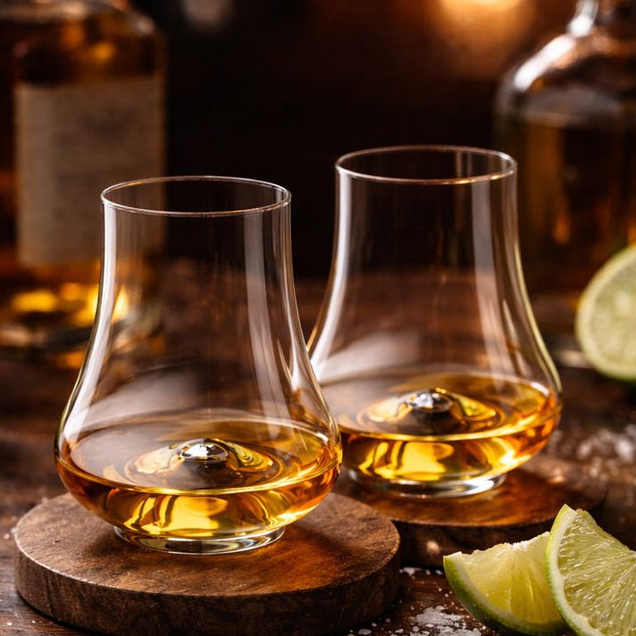 Two Copita glasses of Tequila on wooden coasters with lime wedges and rosemary on a dark surface.