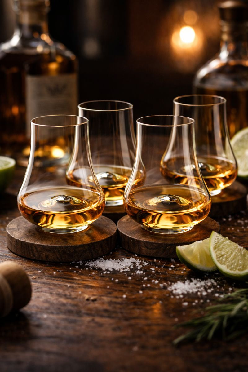 Four tequila glasses filled with a golden liquid on wooden coasters, with bottles and lime slices in the background.